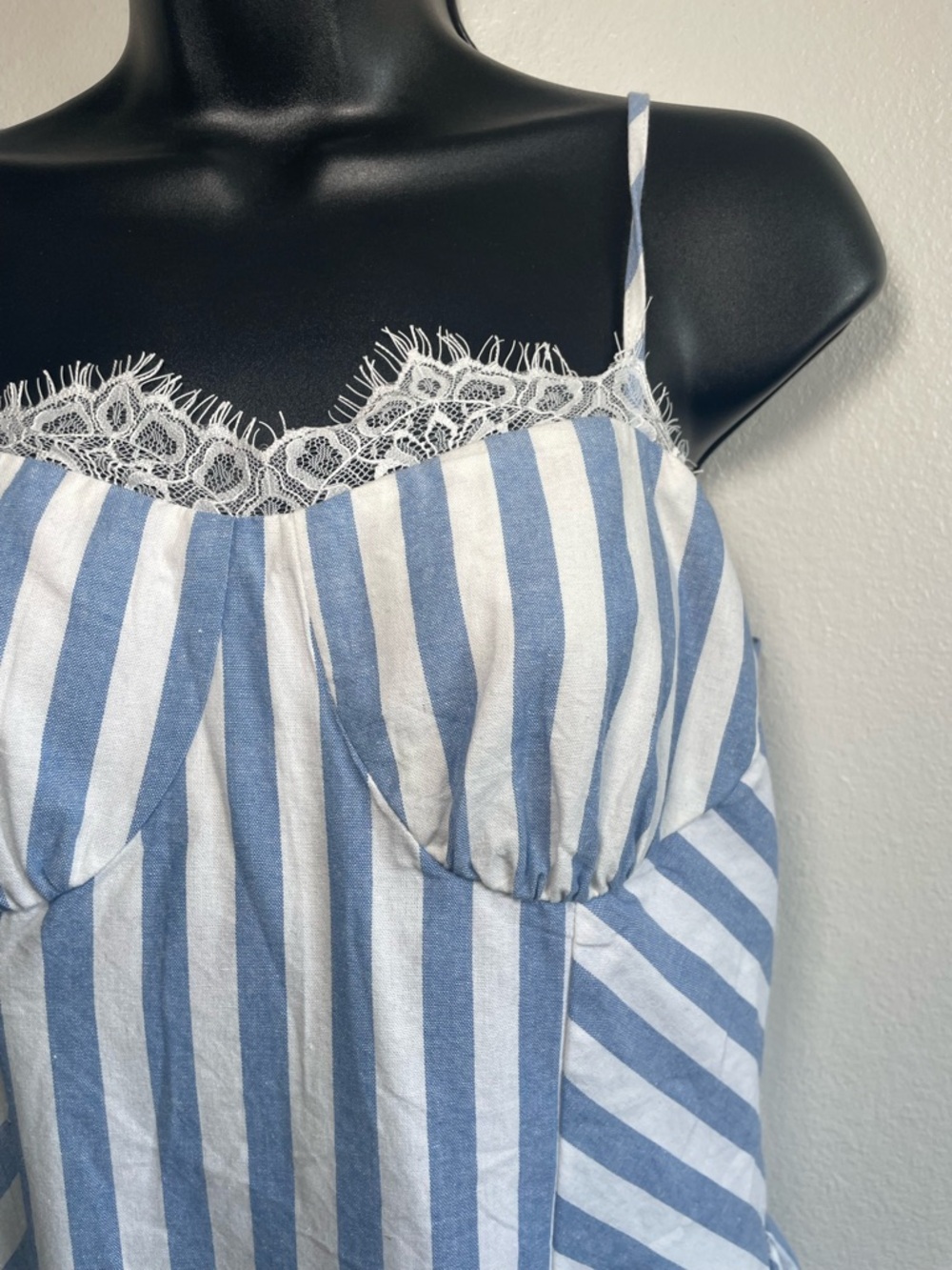 NWT Commense Blue White Striped Midi Dress Women Medium Cotton Lace Trim - Picture 6 of 11